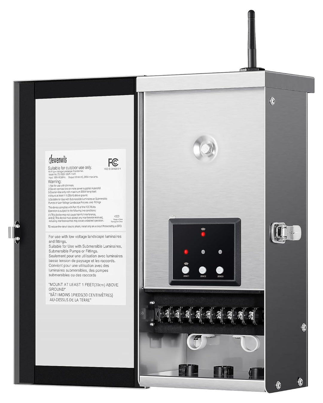 TSWZ300 300W AC 3 Zone Digital Smart Wi-Fi 2.4Ghz 12V/14V Independent Outputs, Low Voltage Stainless Steel Outdoor Transformer with Photocell & Timer