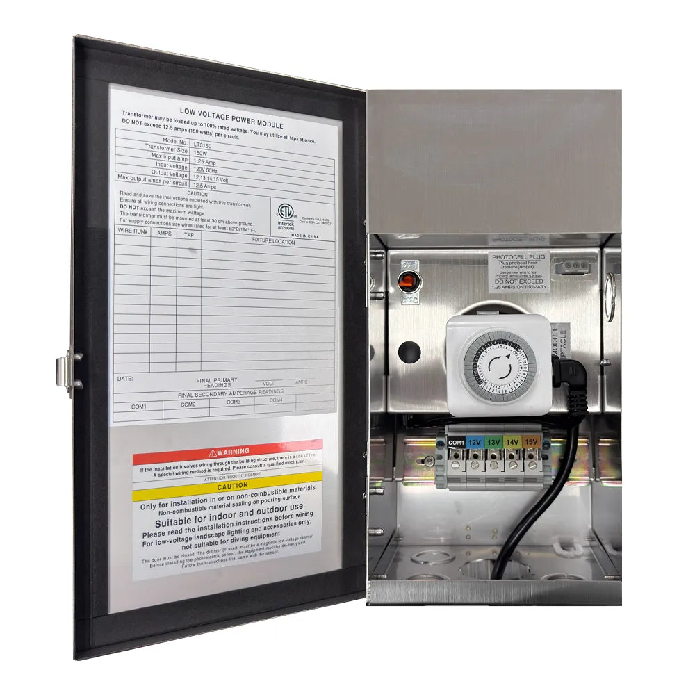Outdoor Landscape Lighting LED 12V Low Voltage TSRPT150 150W Multi Tap Low Voltage Transformer with Photocell and Manual Dial Timer IP65 Waterproof