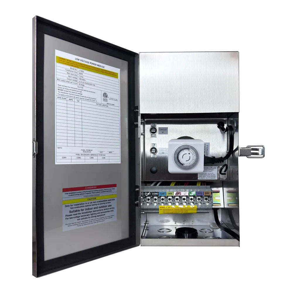 TSRPT24600 AC12V-24V 600W Multi Tap Low Voltage Transformer with Photocell and Manual Dial Timer IP65 Waterproof