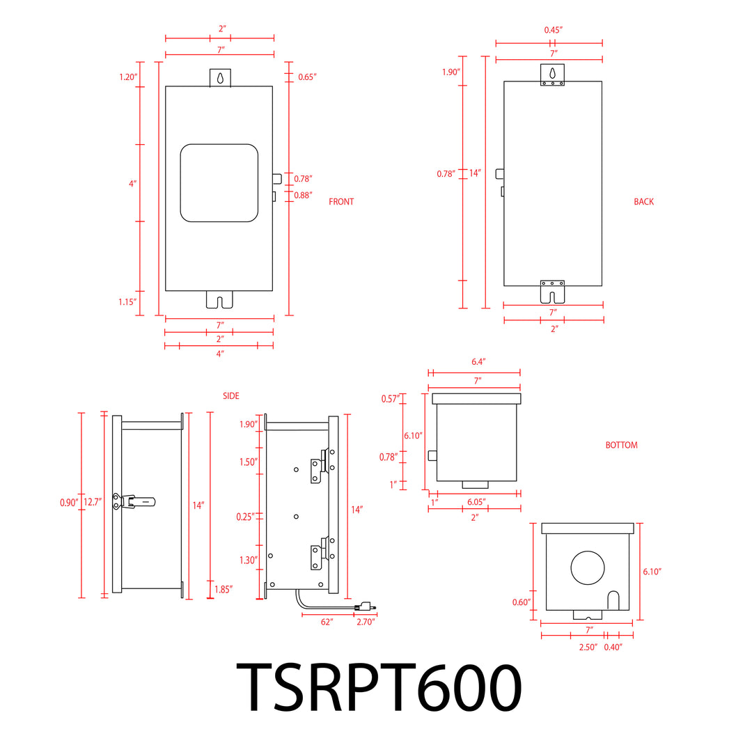 TSRPT600 600W Multi Tap Low Voltage Transformer with Photocell and Manual Dial Timer IP65 Waterproof