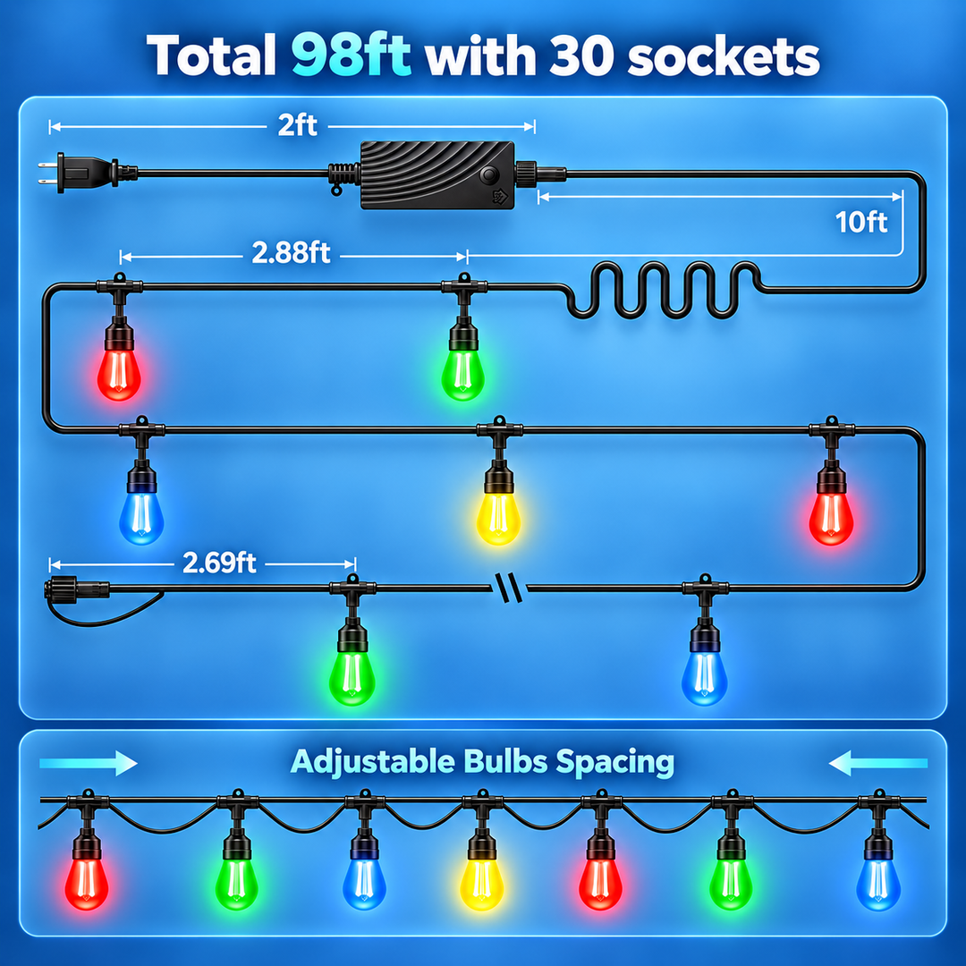 Outdoor Landscape Lighting LED 12V Low Voltage SLR100 LED RGBCWIC Smart Bistro String Lights Color Changing Outdoor Weatherproof 24V Edison Bulbs 98 FT - 30 Bulbs