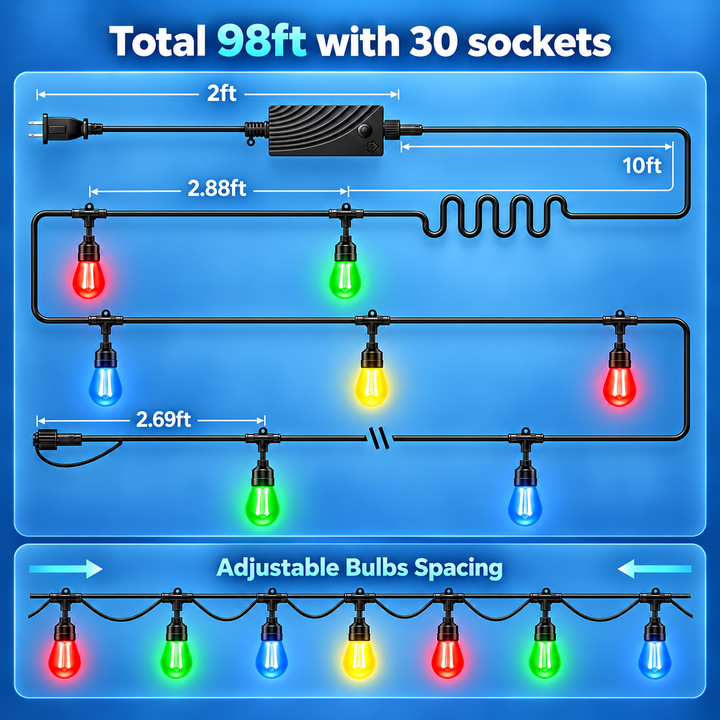 Outdoor Landscape Lighting LED 12V Low Voltage SLR100 LED RGBCWIC Smart Bistro String Lights Color Changing Outdoor Weatherproof 24V Edison Bulbs 98 FT - 30 Bulbs