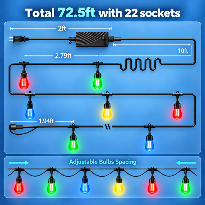 Outdoor Landscape Lighting LED 12V Low Voltage SLR100 LED RGBCWIC Smart Bistro String Lights Color Changing Outdoor Weatherproof 24V Edison Bulbs 72.5 FT - 22 Bulbs