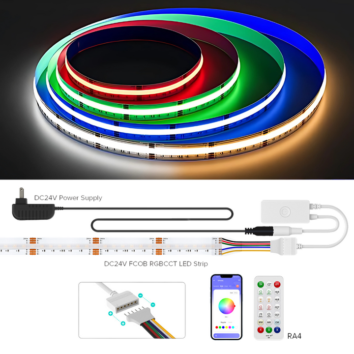 SLD19 Dotless Linear LED RGB+CCT 3000K-6000K COB 2.07W/ft Strip Lights IP30 Low Voltage 12mm DC24V Tape Light with Power Adapter Kit Available
