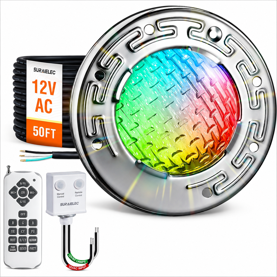 Outdoor Landscape Lighting LED 12V Low Voltage PL35 12V 6 inch/10 inch AC Remote-Operated LED Stainless Steel Pool Light Jacuzzi Spa RGB Color Changing Low Voltage Light with Remote Control 6 inches 50ft