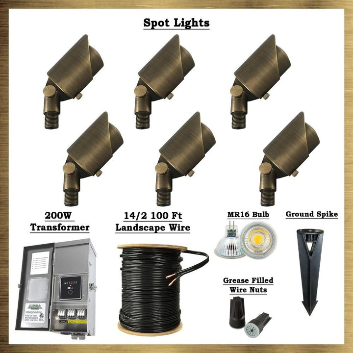 Brass LED Spot Light Kit: (6) Brass Spotlights, All Necessary Components.