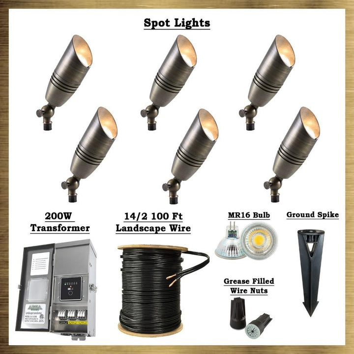 Brass LED Spot Light Kit: (6) Brass Spotlights, All Necessary Components.