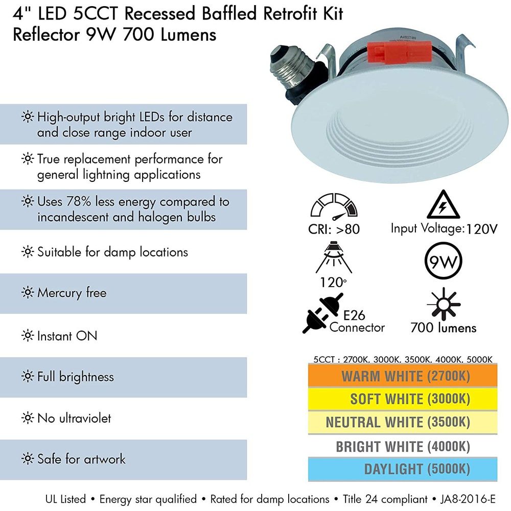 AH Lighting 4" LED Selectable 5CCT 9W Recessed Baffled Retrofit Kit Reflector - Sun Bright Lighting
