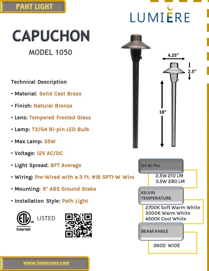 Capuchon Solid Cast Brass Path & Area Light Natural Bronze Low Voltage Outdoor Lighting