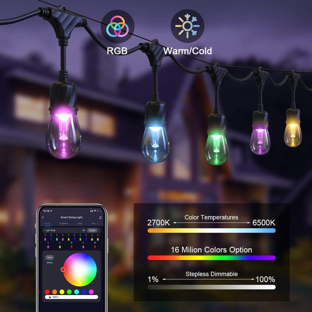 SLR100 LED RGBW Smart Bistro String Lights Color Changing Outdoor Weatherproof 12V Edison Bulbs - Sun Bright Lighting