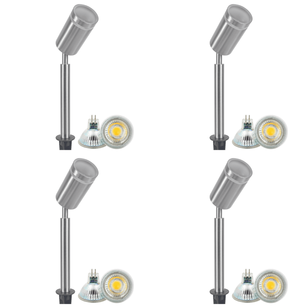 Outdoor Landscape Lighting LED 12V Low Voltage SPS03 4x/8x/12x Package LED Stainless Steel 12V Low Voltage Outdoor Spotlight Adjustable Up Lighting Fixtures with 3W 3000K Bulb Stainless Steel 4 Pack