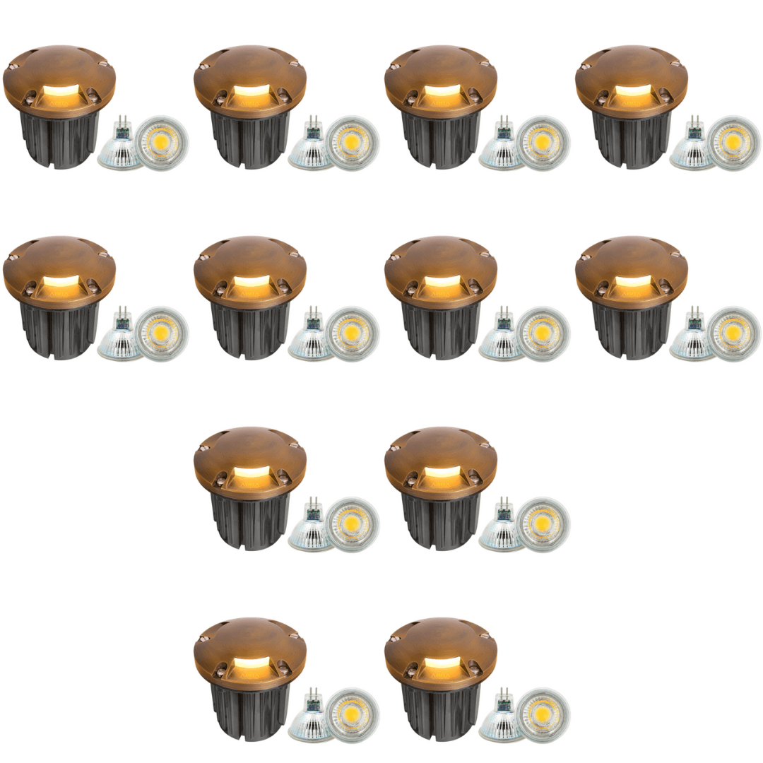 UNB11 4x/8x/12x Package Cast Brass Round Tri-Directional Low Voltage LED In-ground Light with 5W 3000K Bulb