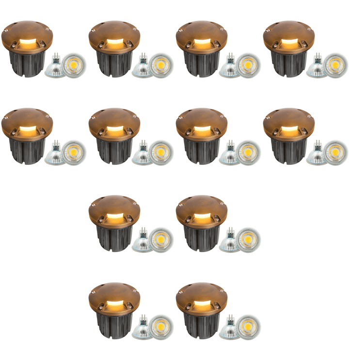 UNB11 4x/8x/12x Package Cast Brass Round Tri-Directional Low Voltage LED In-ground Light with 5W 3000K Bulb