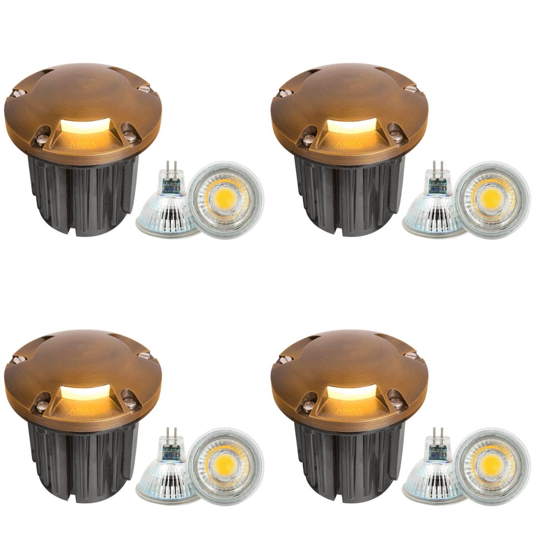 UNB11 4x/8x/12x Package Cast Brass Round Tri-Directional Low Voltage LED In-ground Light with 5W 3000K Bulb