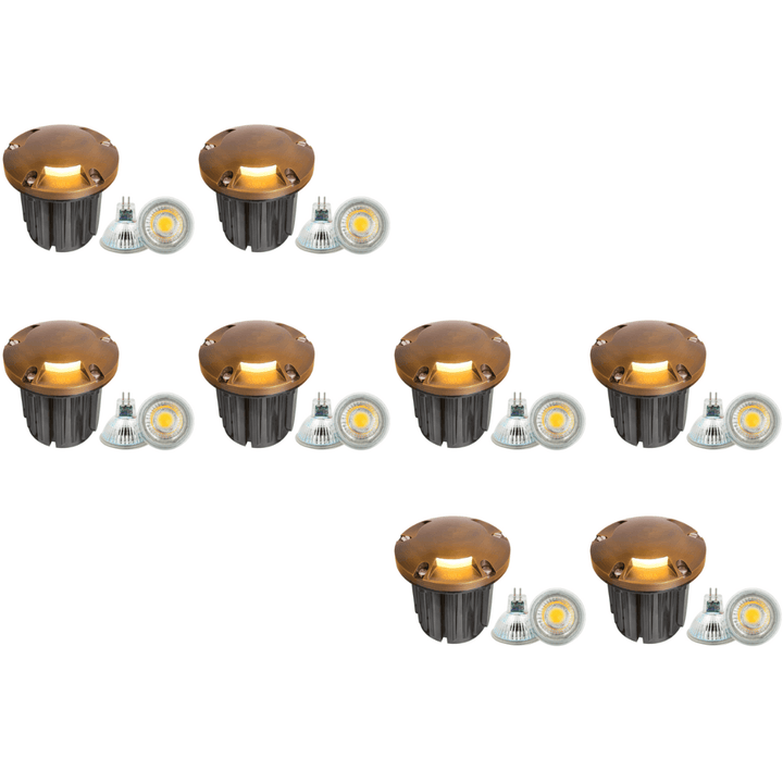 UNB11 4x/8x/12x Package Cast Brass Round Tri-Directional Low Voltage LED In-ground Light with 5W 3000K Bulb