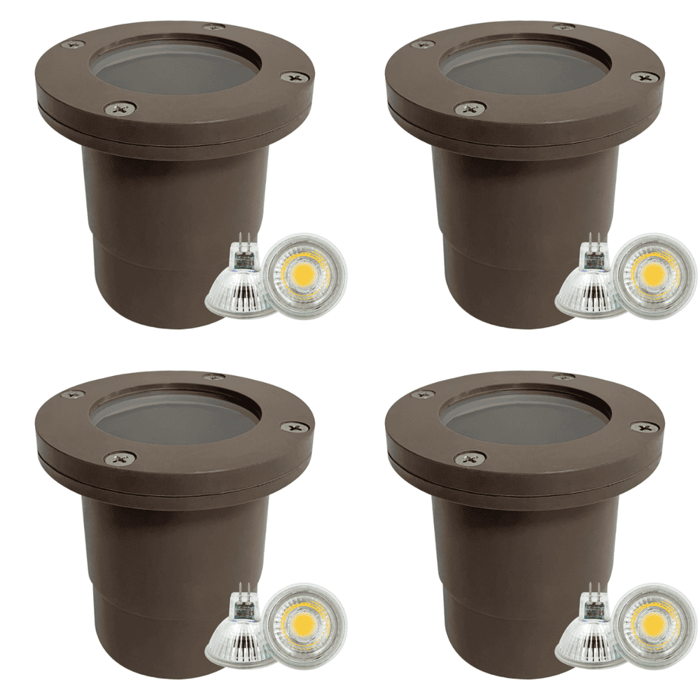 Outdoor Landscape Lighting LED 12V Low Voltage UNF07 4x/8x/12x Package Fiber Glass 12V Low Voltage Round LED In-ground Well Light IP65 Waterproof with MR16 5W 3000K Bulb Brown 4 Pack