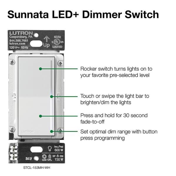 Lutron Sunnata Touch Dimmer Switch with LED+ Advanced Technology, for LED and Incandescent, 3 Way/Multi Location White | STCL-153MH-WH